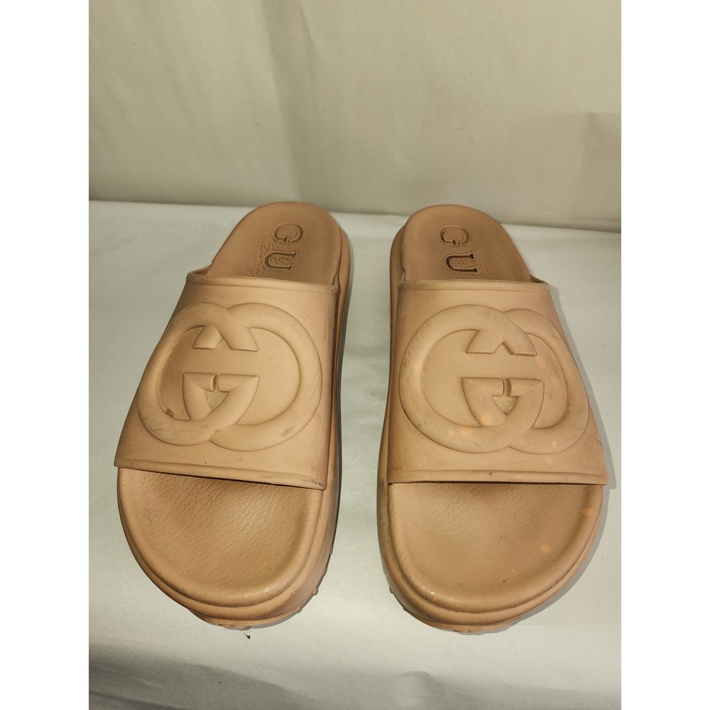 Gucci Interlocking G Platform Slides Tan Rubber Sandals 692845 Size 37